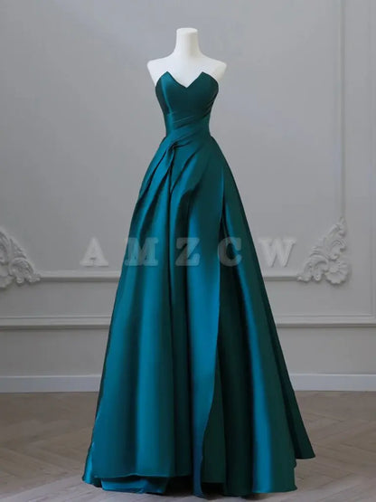 Amzcw A-Line Satin Green Long Prom Dress Green Satin Long Formal Dress prom dresses shops