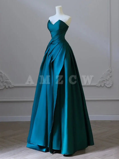 Amzcw A-Line Satin Green Long Prom Dress Green Satin Long Formal Dress prom dresses shops