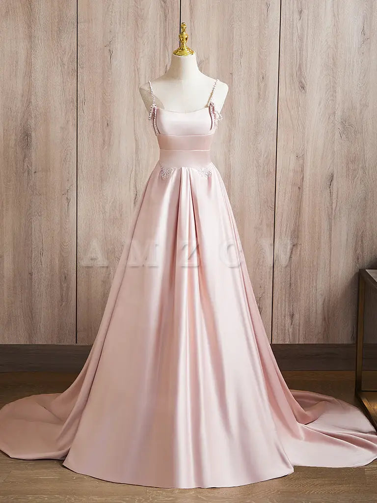 Amzcw A-Line Satin Pink Long Prom Dress Pink Long Formal Dress prom dress in store