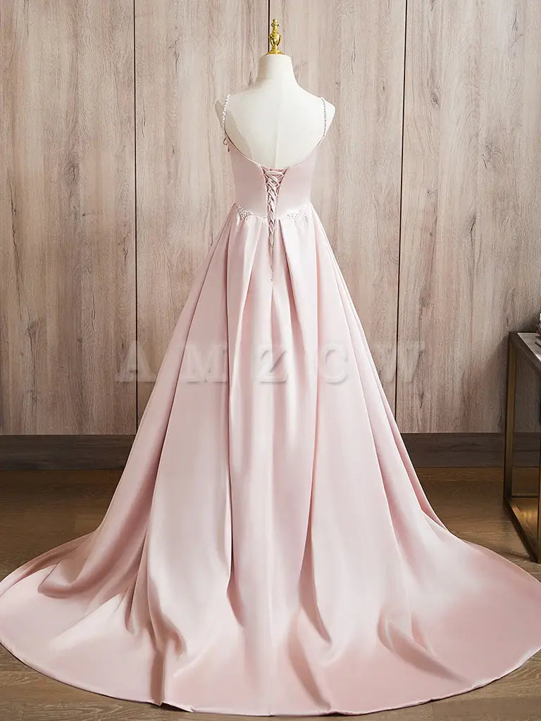 Amzcw A-Line Satin Pink Long Prom Dress Pink Long Formal Dress prom dress in store