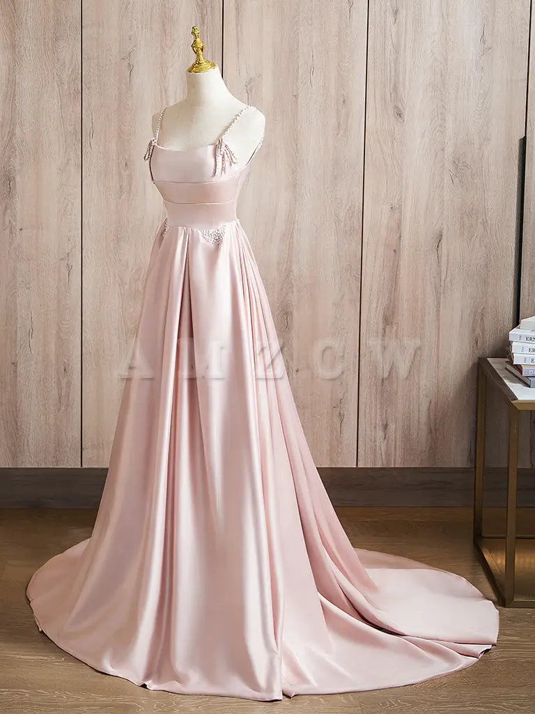 Amzcw A-Line Satin Pink Long Prom Dress Pink Long Formal Dress prom dress in store