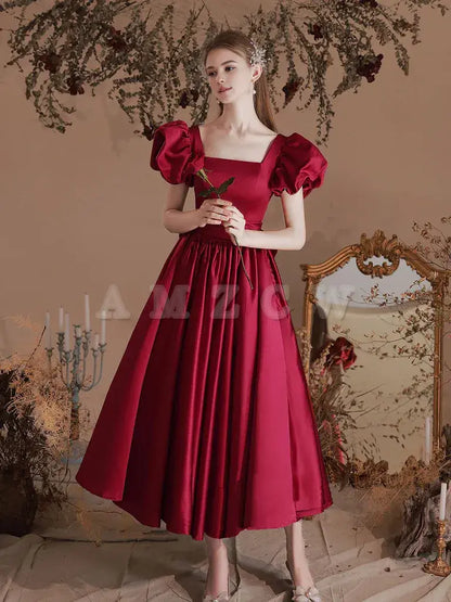 Amzcw A-Line Satin Tea Length Burgundy Prom Dress Burgundy Formal Dress prom dress in store