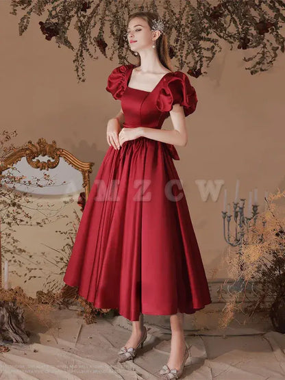 Amzcw A-Line Satin Tea Length Burgundy Prom Dress Burgundy Formal Dress prom dress in store