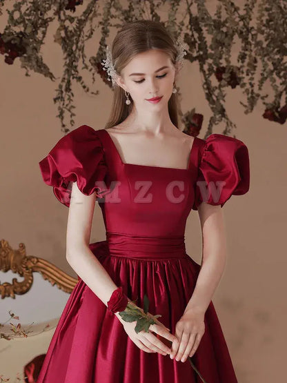 Amzcw A-Line Satin Tea Length Burgundy Prom Dress Burgundy Formal Dress prom dress in store