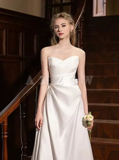 Amzcw A-Line Satin White Long Prom Dress White Long Formal Dress prom dress in store ﻿