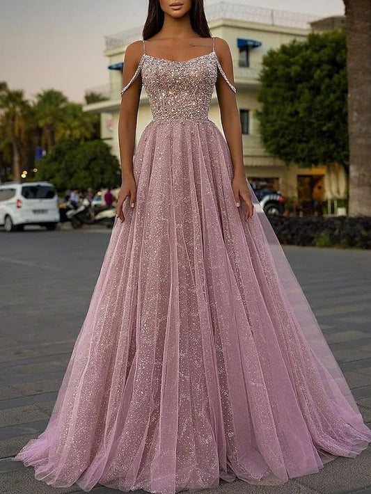 A-Line/Princess Spaghetti Straps Floor-Length Long Prom Dresses