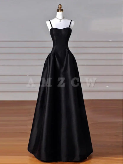 Amzcw A-Line Sweetheart Neck Satin Black Long Prom Dress Black Long Evening Dress prom dresses shops ﻿