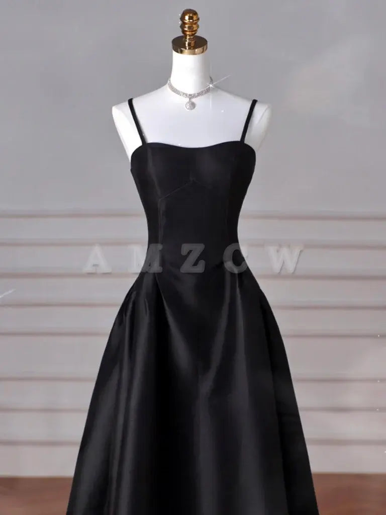 Amzcw A-Line Sweetheart Neck Satin Black Long Prom Dress Black Long Evening Dress prom dresses shops ﻿