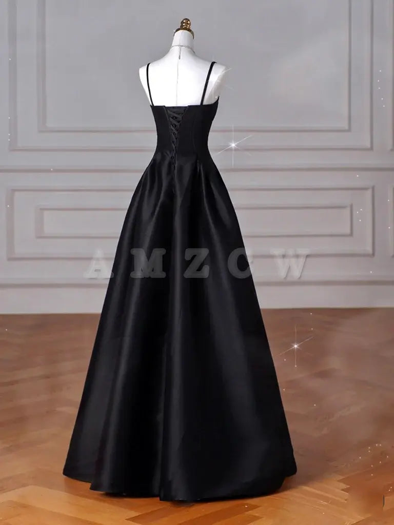 Amzcw A-Line Sweetheart Neck Satin Black Long Prom Dress Black Long Evening Dress prom dresses shops ﻿