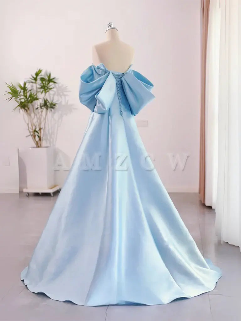 Amzcw A-Line Sweetheart Neck Satin Blue Long Prom Dress Blue Long Formal Dress prom dresses shops