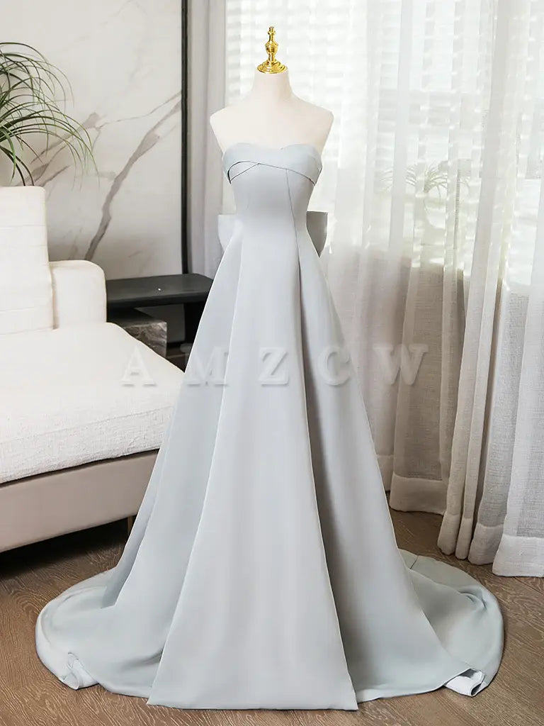 Amzcw A-Line Sweetheart Neck Satin Gray Long Prom Dress Gray Long Formal Dress prom dress in store