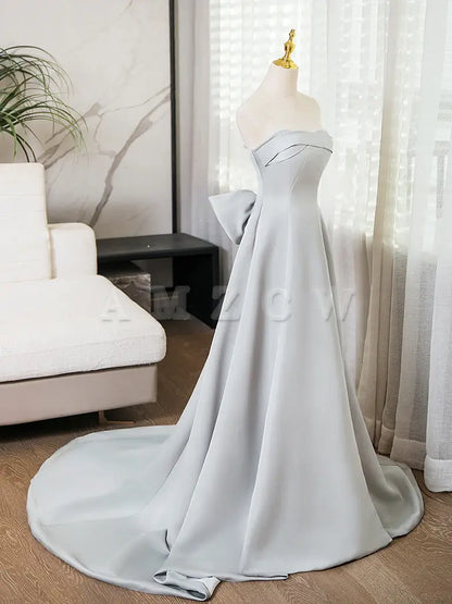 Amzcw A-Line Sweetheart Neck Satin Gray Long Prom Dress Gray Long Formal Dress prom dress in store