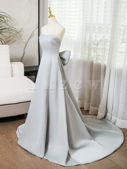 Amzcw A-Line Sweetheart Neck Satin Gray Long Prom Dress Gray Long Formal Dress prom dress in store