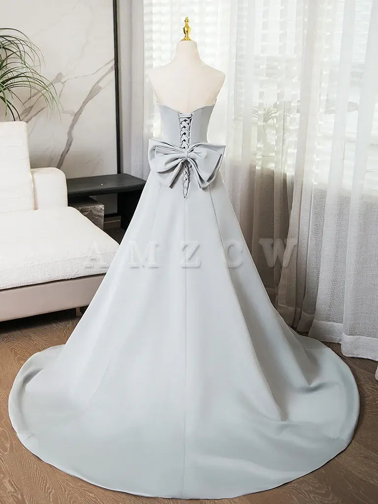 Amzcw A-Line Sweetheart Neck Satin Gray Long Prom Dress Gray Long Formal Dress prom dress in store