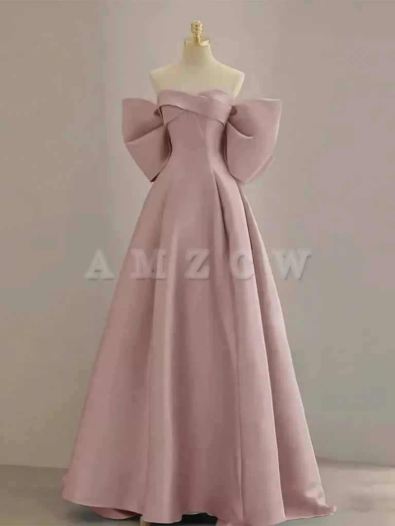 Amzcw A-Line Sweetheart Neck Satin Pink Long Prom Dress Pink Long Formal Dress prom dress in store