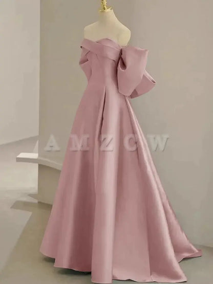 Amzcw A-Line Sweetheart Neck Satin Pink Long Prom Dress Pink Long Formal Dress prom dress in store