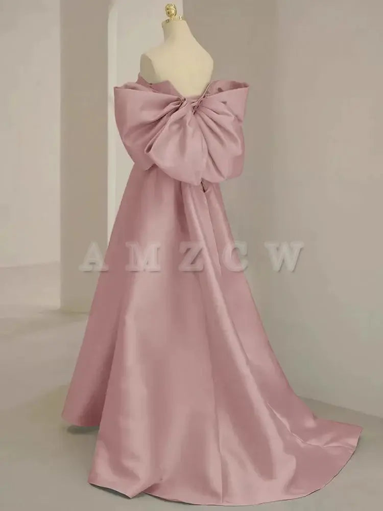 Amzcw A-Line Sweetheart Neck Satin Pink Long Prom Dress Pink Long Formal Dress prom dress in store