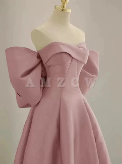 Amzcw A-Line Sweetheart Neck Satin Pink Long Prom Dress Pink Long Formal Dress prom dress in store