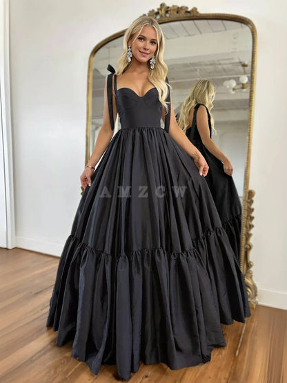 Amzcw A-Line Sweetheart Neck Taffeta Black Long Prom Dress Black Long Evening Dress prom dresses shops