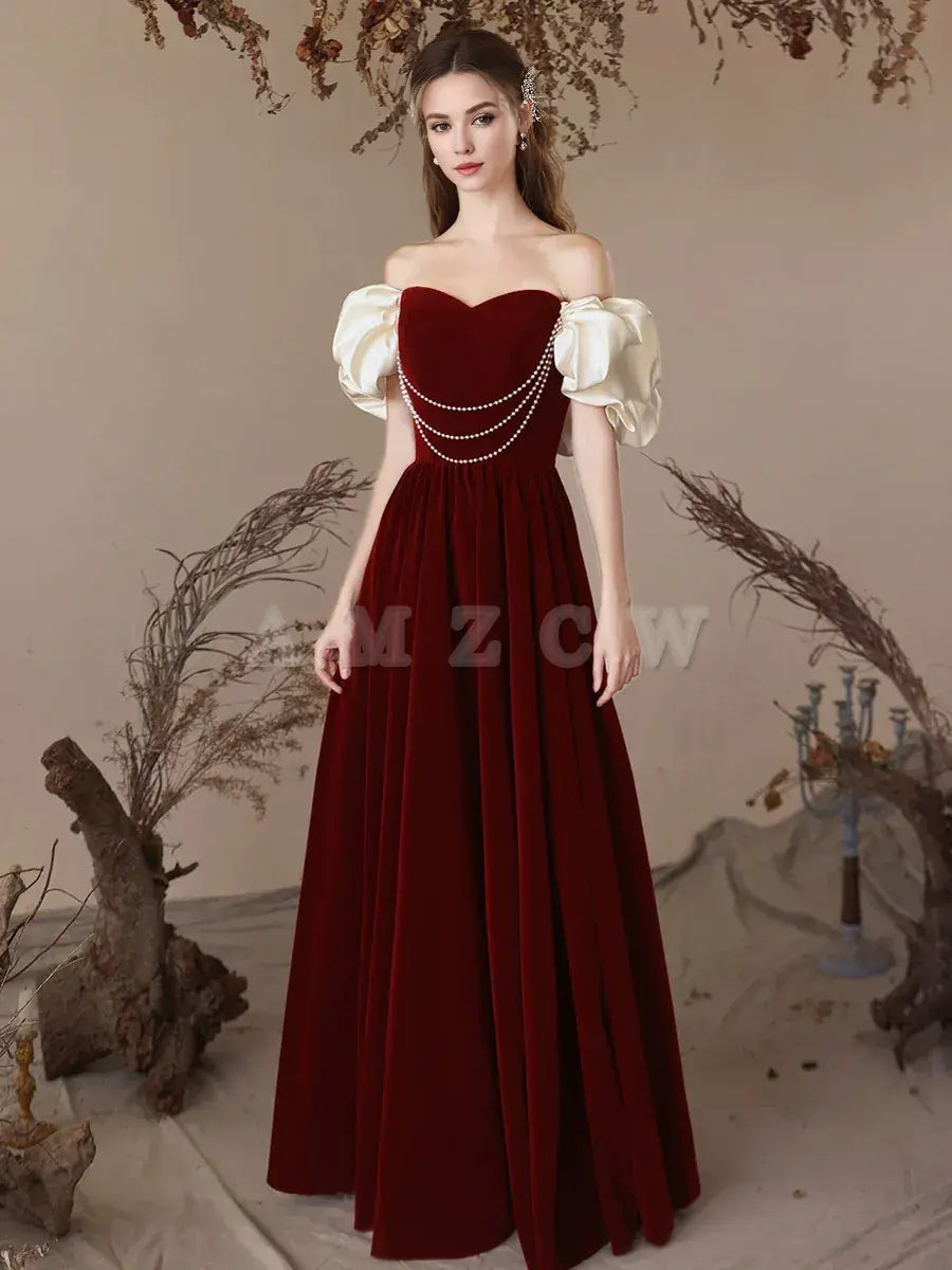 Amzcw A-Line Sweetheart Neck Velvet Burgundy Long Prom Dress Burgundy Evening Dress prom dress in store