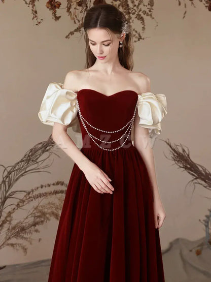 Amzcw A-Line Sweetheart Neck Velvet Burgundy Long Prom Dress Burgundy Evening Dress prom dress in store