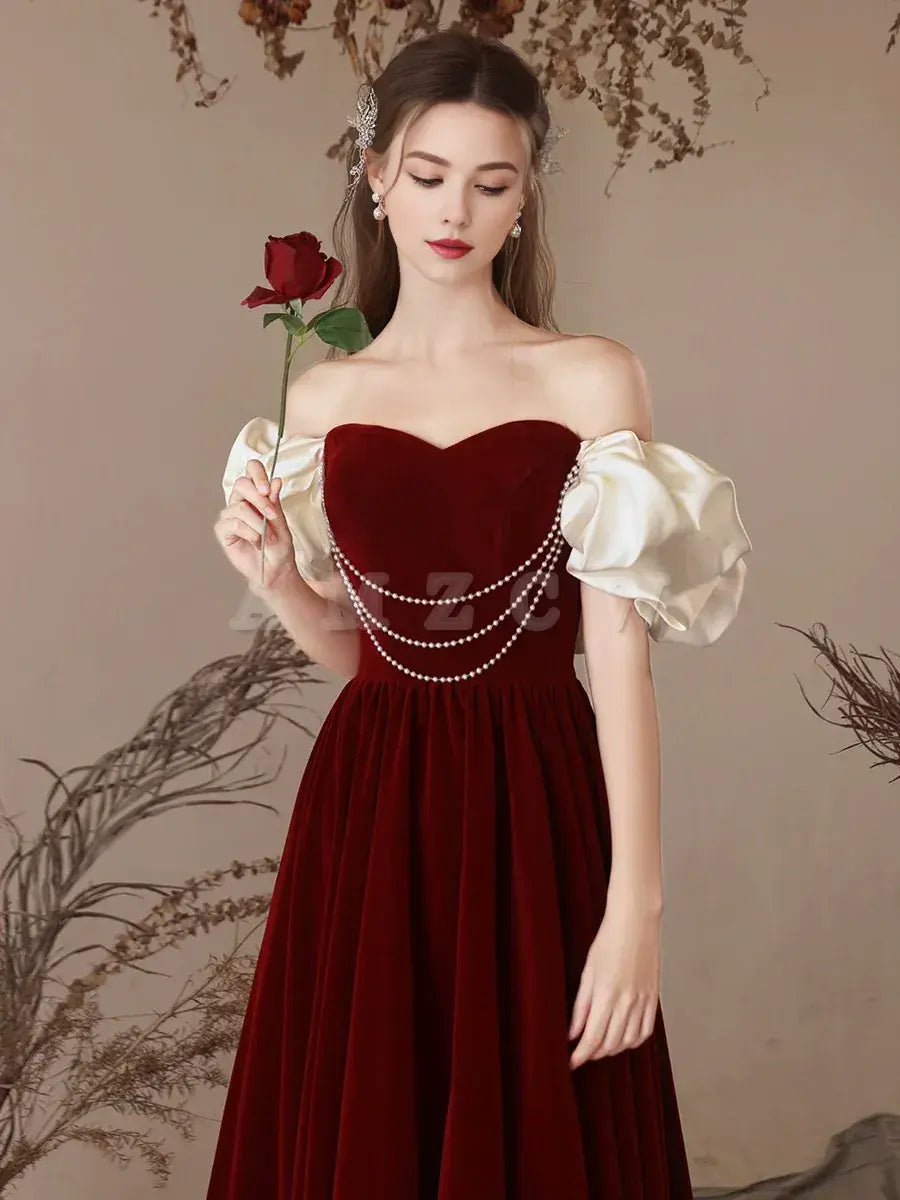 Amzcw A-Line Sweetheart Neck Velvet Burgundy Long Prom Dress Burgundy Evening Dress prom dress in store