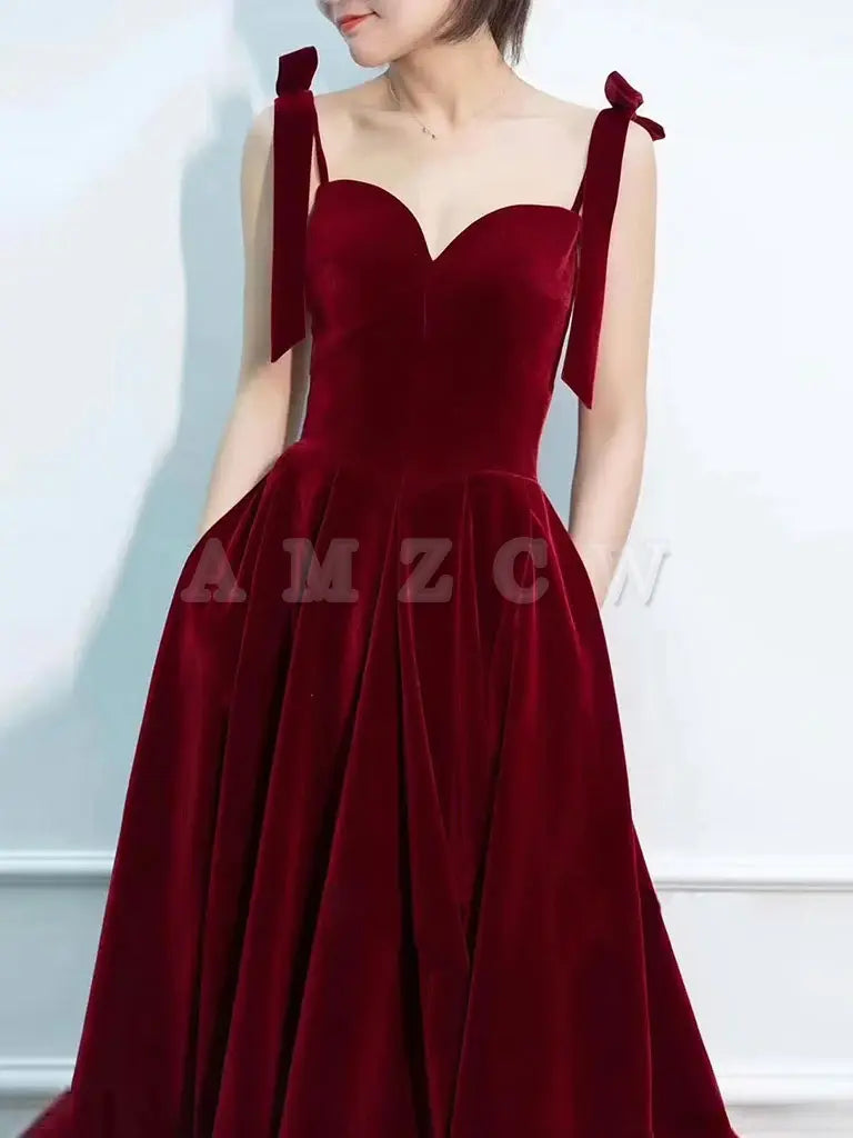 Amzcw A-Line Sweetheart Neck Velvet Burgundy Long Prom Dress Burgundy Formal Dress prom dress in store