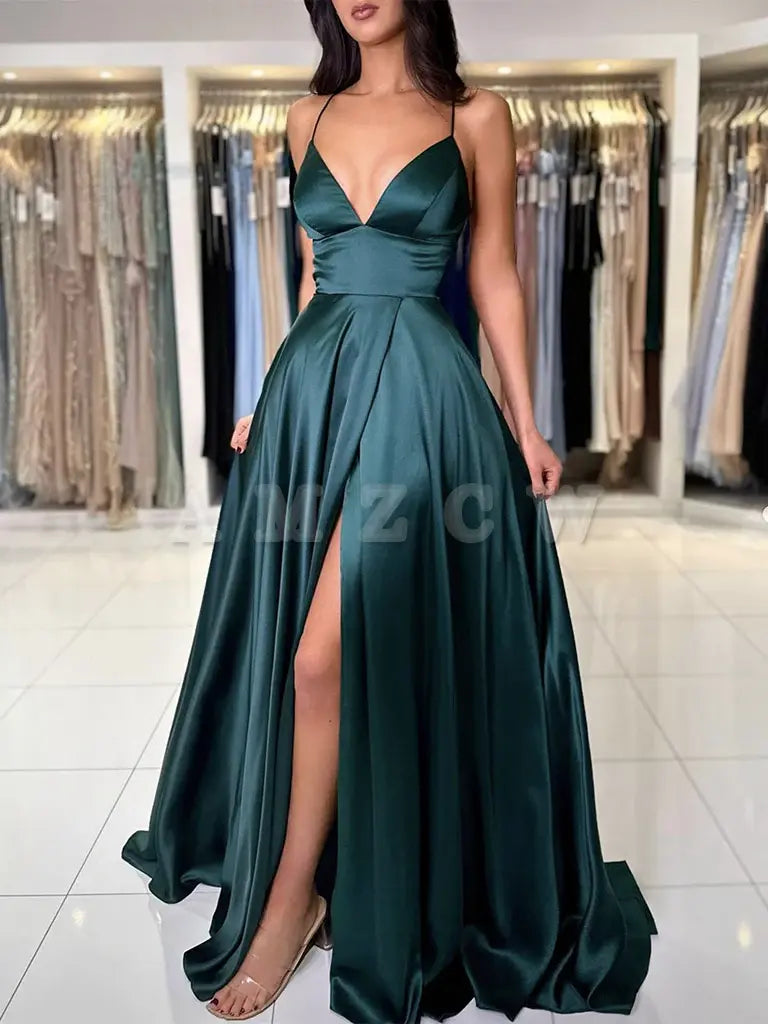 Amzcw A-Line V Neck Dark Green Satin Long Prom Dress Dark Green Evening Dress prom dresses shops