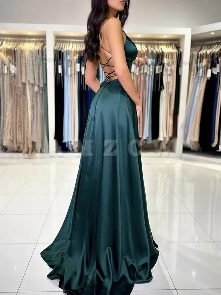 Amzcw A-Line V Neck Dark Green Satin Long Prom Dress Dark Green Evening Dress prom dresses shops