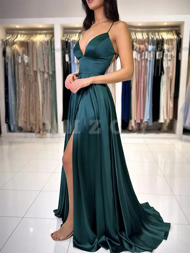 Amzcw A-Line V Neck Dark Green Satin Long Prom Dress Dark Green Evening Dress prom dresses shops