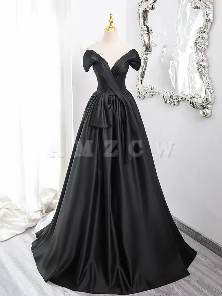 Amzcw A-Line V Neck Off Shoulder Satin Black Long Prom Dress Black Long Formal Dress prom dress in store