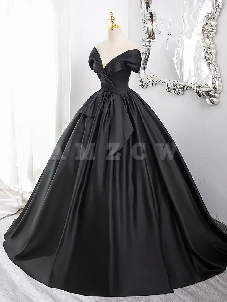 Amzcw A-Line V Neck Off Shoulder Satin Black Long Prom Dress Black Long Formal Dress prom dress in store