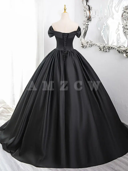 Amzcw A-Line V Neck Off Shoulder Satin Black Long Prom Dress Black Long Formal Dress prom dress in store