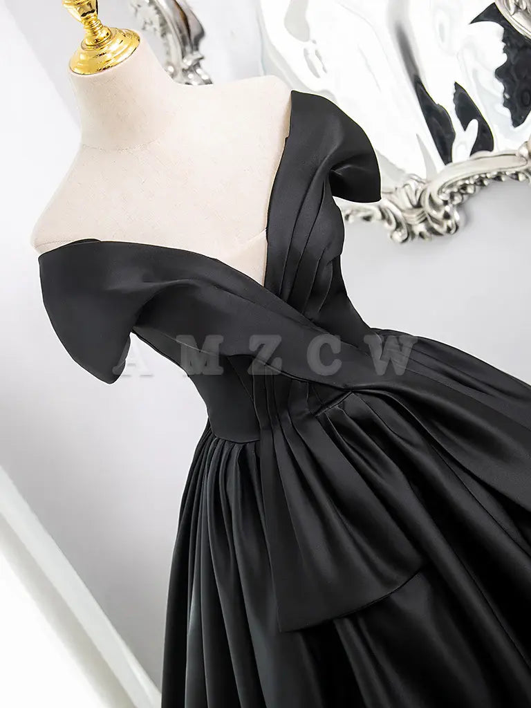 Amzcw A-Line V Neck Off Shoulder Satin Black Long Prom Dress Black Long Formal Dress prom dress in store