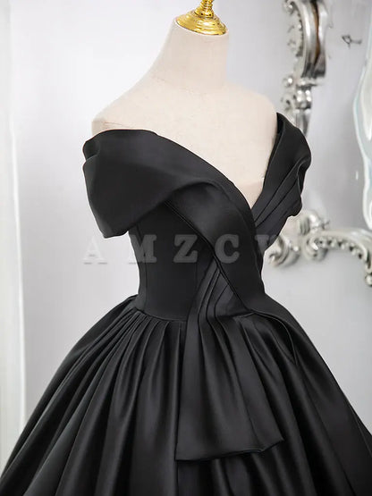 Amzcw A-Line V Neck Off Shoulder Satin Black Long Prom Dress Black Long Formal Dress prom dress in store