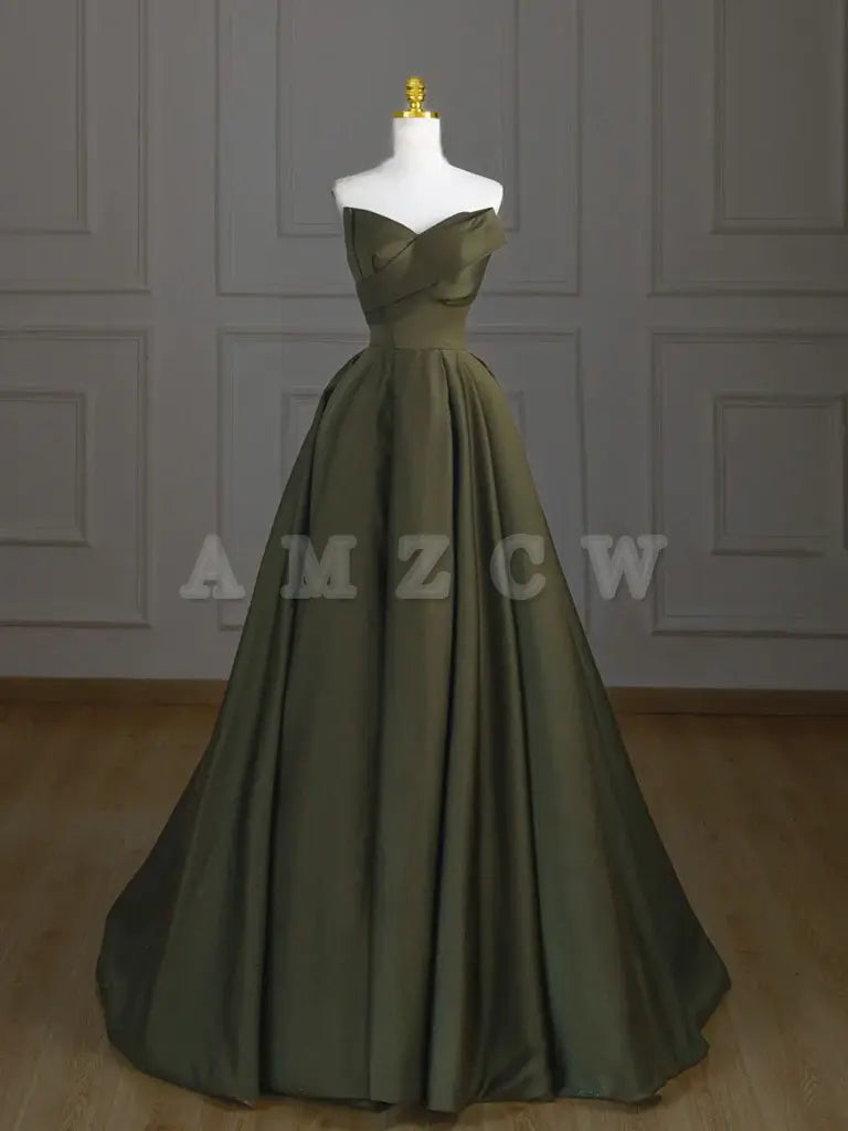 Amzcw A-Line V Neck Satin Green Long Prom Dress Green Long Evening Dress prom dress in store