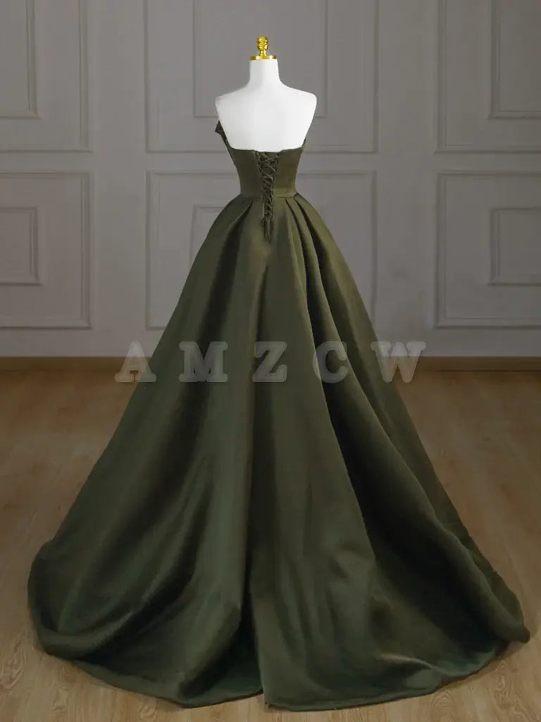 Amzcw A-Line V Neck Satin Green Long Prom Dress Green Long Evening Dress prom dress in store