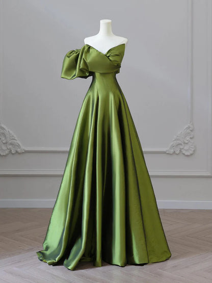 Amzcw A-Line V Neck Satin Green Long Prom Dress Green Long Formal Dress prom dress in store