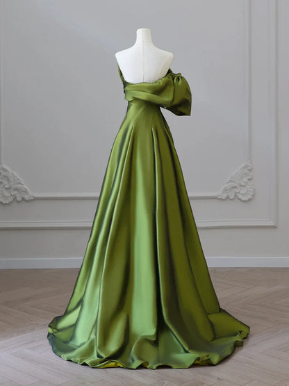 Amzcw A-Line V Neck Satin Green Long Prom Dress Green Long Formal Dress prom dress in store