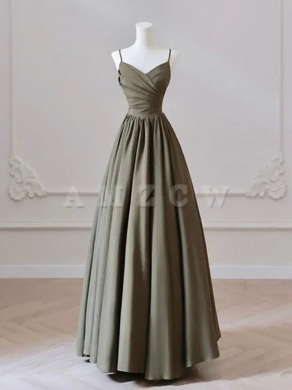 Amzcw A-Line V Neck Satin Olive Green Long Prom Dress Long Evening Dress prom dress in store