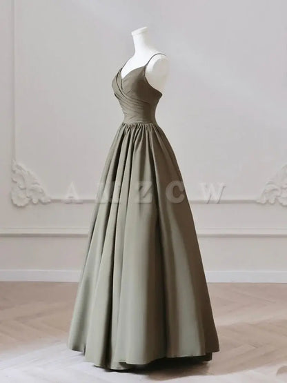 Amzcw A-Line V Neck Satin Olive Green Long Prom Dress Long Evening Dress prom dress in store