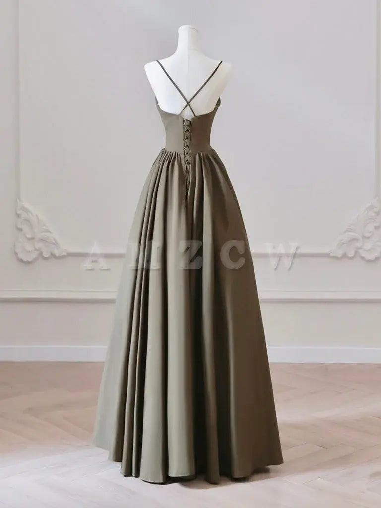 Amzcw A-Line V Neck Satin Olive Green Long Prom Dress Long Evening Dress prom dress in store