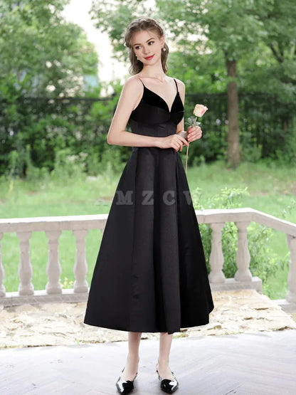 Amzcw A-Line V Neck Tea Length Satin Black Prom Dress Black Formal Dress prom dress in store