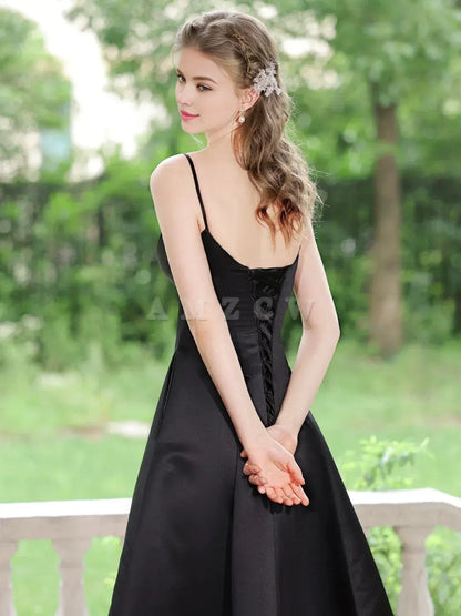 Amzcw A-Line V Neck Tea Length Satin Black Prom Dress Black Formal Dress prom dress in store