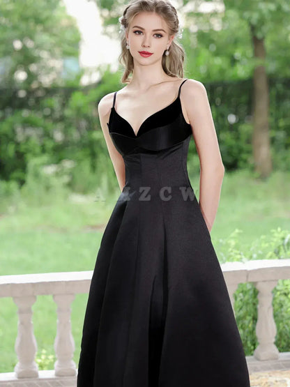 Amzcw A-Line V Neck Tea Length Satin Black Prom Dress Black Formal Dress prom dress in store