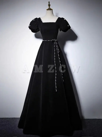 Amzcw A-Line Velvet Black Long Prom Dress Black Long Formal Dress prom dress in store