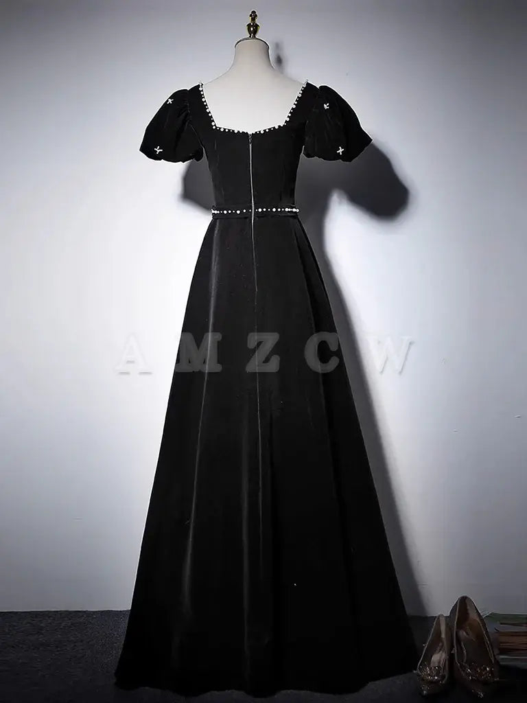 Amzcw A-Line Velvet Black Long Prom Dress Black Long Formal Dress prom dress in store