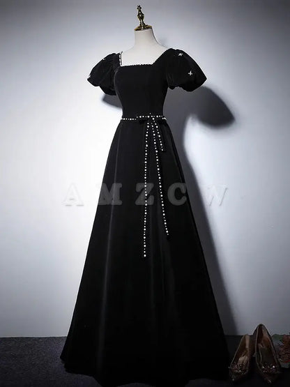 Amzcw A-Line Velvet Black Long Prom Dress Black Long Formal Dress prom dress in store