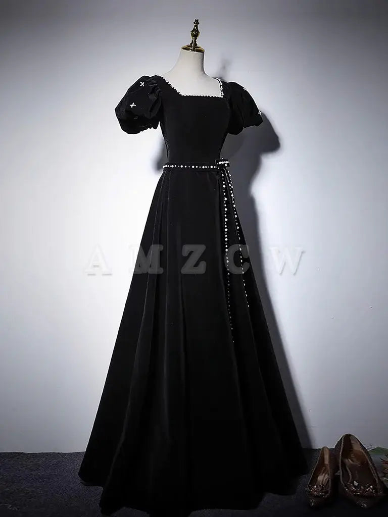 Amzcw A-Line Velvet Black Long Prom Dress Black Long Formal Dress prom dress in store