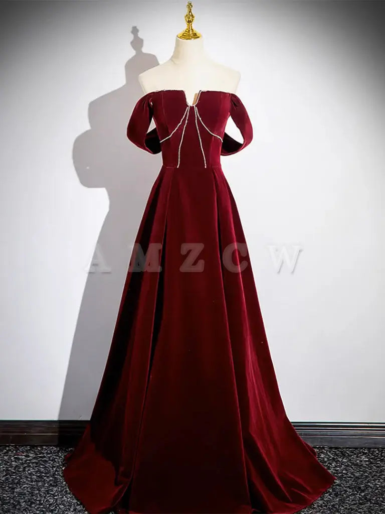 Amzcw A-Line Velvet Burgundy Long Prom Dress Burgundy Long Formal Dress prom dress in store